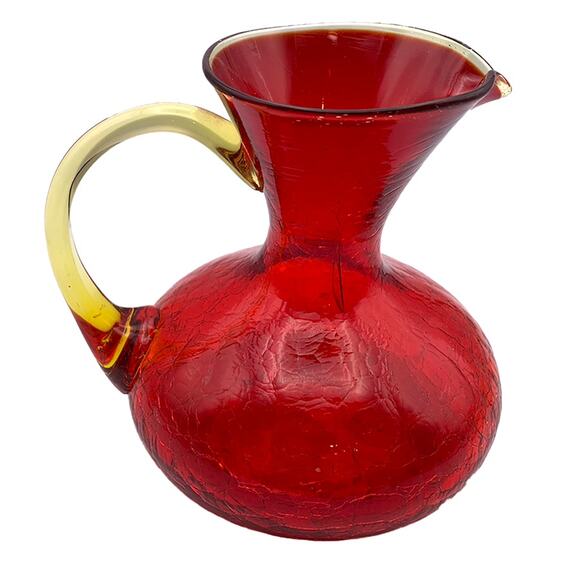 Vintage Rainbow Glass PITCHER Handblown Red Crackle Glass Yellow Handle VGC - Picture 2 of 12